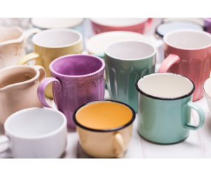 Avoid single use cups in the staffroom and create a mug library from old mugs from home